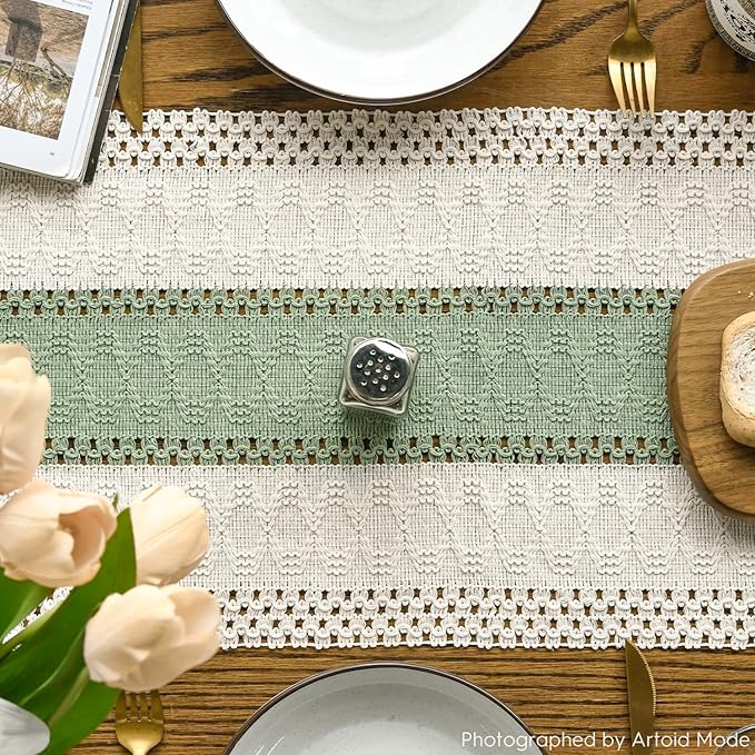 Artoid Mode Light Green Farmhouse Rustic Table Runner, Seasonal Holiday Hollow Kitchen Dining Table Decoration for Home Party Decor 12x120 Inch
