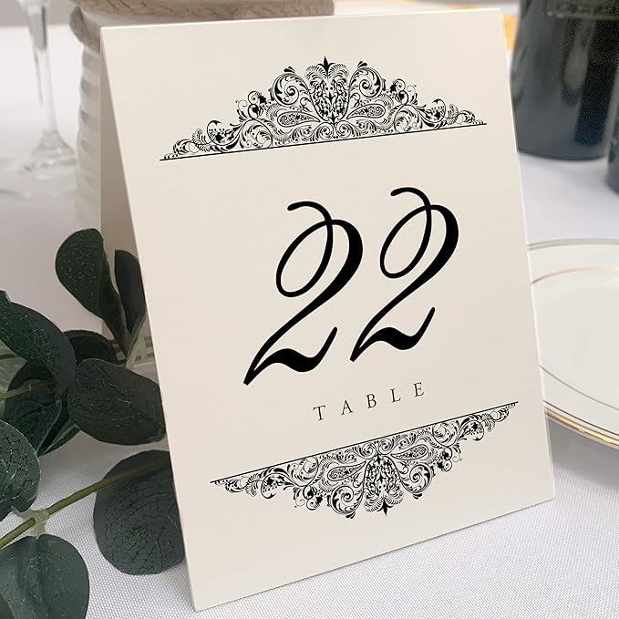 Table Number Cards, Numbered 1-110, Black Paisley Design