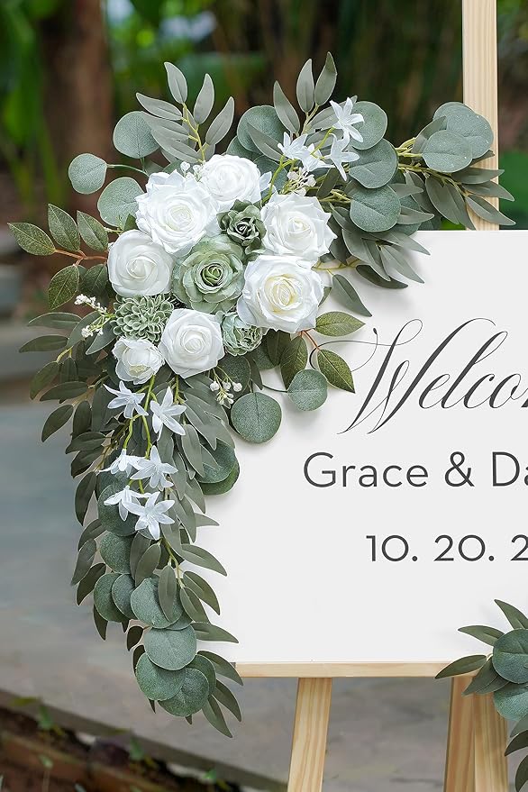 2-Pack Sage Green & White Wedding Flower Swag Set, Large: 35.43"L x 14.56"W, Small: 24.80"L x 12.99"W, Artificial Flowers for Wedding Arch, Ceremony, Table Centerpieces, Wall Hanging