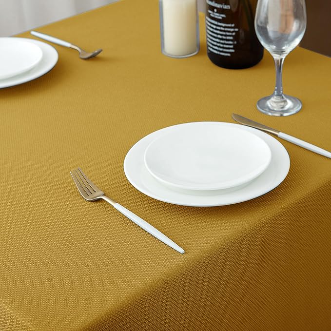 Biscaynebay Textured Fabric Rectangle Christmas Tablecloths 90x156 Inch, Gold Water Resistant Tablecloths for Dining, Kitchen, Wedding, Parties etc. Machine Washable