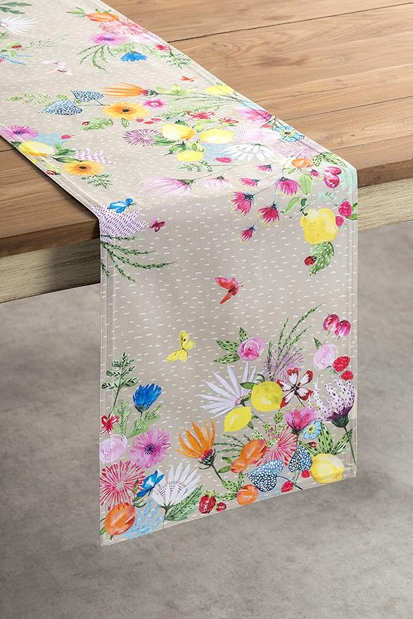 Maison d' Hermine Table Runner 100% Cotton Double Layer Table Runners 108 inches Long Decorative for Home Kitchen Dining Party Wedding Bridal Shower Spring Summer (Jardin D'Ete - Fog, 14.50" x 108")