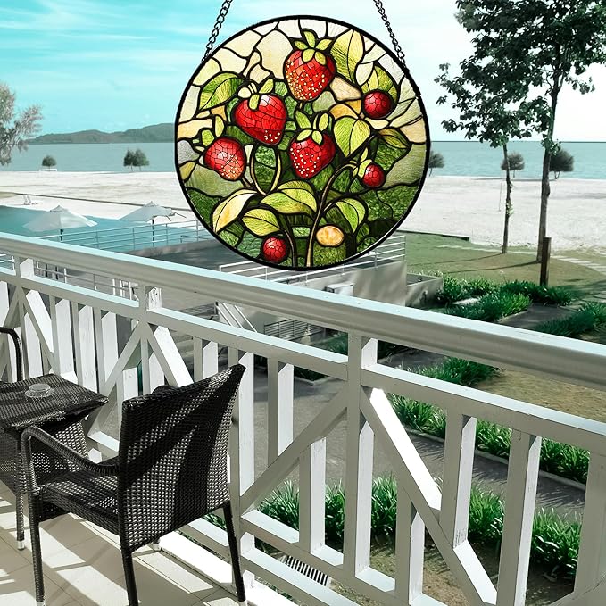 Stained Glass Window Hanging - Red Strawberry Suncatcher for Doors Window Home Green Plant Sun Catchers Decor Christmas Mother's Day Birthday Gifts for Teacher Women Men Mom Nana 11.8 in