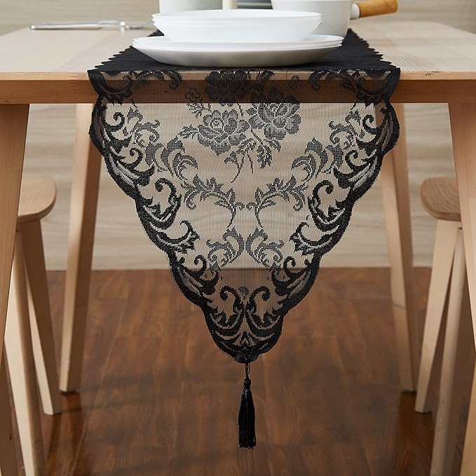 LinenZone Black Table Runner with 2 Tassels for Rustic Vintage Decor. Lace Table Runner Works Great As Wedding, Thanksgiving Or Christmas Decor. (Mia 14 x 96, Black)