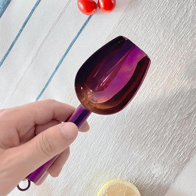 Metal Ice Scoop 3 Oz, Small Stainless Steel Ice scooper for Ice Maker Ice Bucket Kitchen Freezer Bar Party Wedding, Multipurpose for Coffee Bean,Flour Scoop,Dog Food Scoop (3 OZ-purple)
