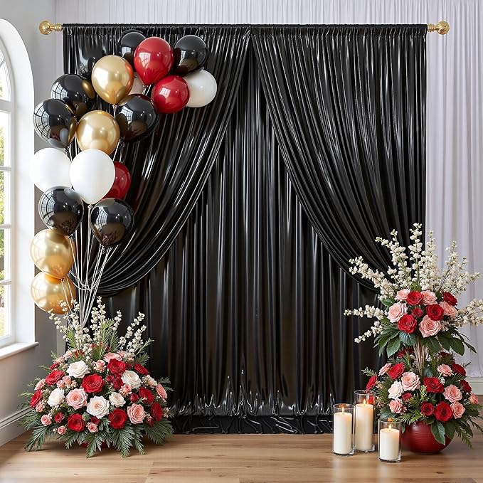 Sequin Backdrop Curtain Black, 4-Panel Glitter Polyester with Rod Pocket