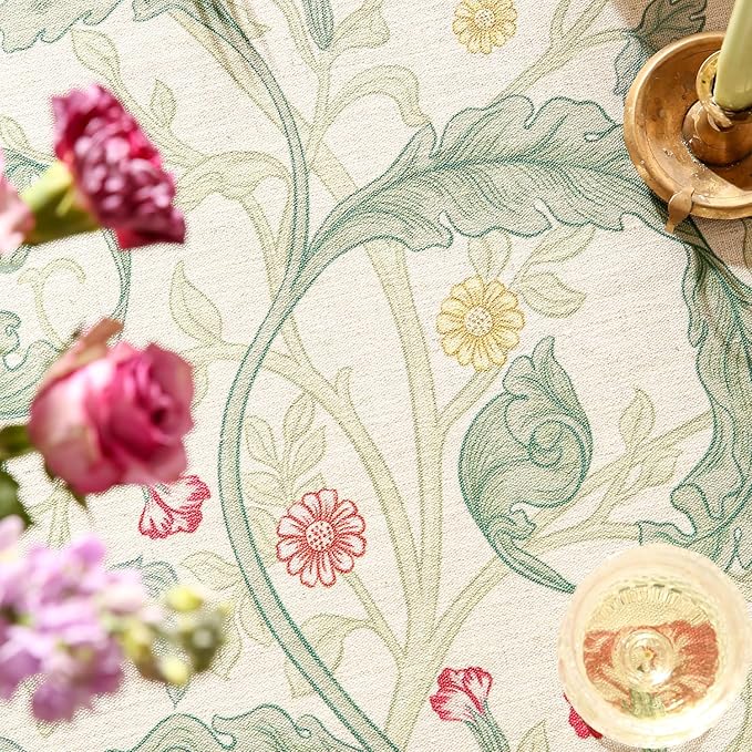 patdrea Designer Green Extra Long Table Cloth for Rectangle Table,Vintage Linen Leaves Pattern Tablecloth,Floral Cover Decor for Kitchen Dining Christmas,Thanksgiving,Tea Party,63"x110"-Cecilia a