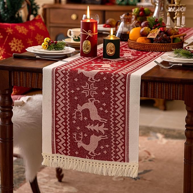 Table Runners 95 Inches,Elk Table Runner with Tassel Fringe,Christmas Table Runner for Party，Coffee Table, Festival