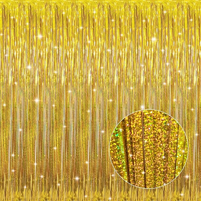GOER 3.2 ft x 8.2 ft Metallic Tinsel Foil Fringe Curtains Party Photo Backdrop Party Streamers for Birthday,Graduation,New Year Eve Decorations Wedding Decor (1, Shiny Gold)