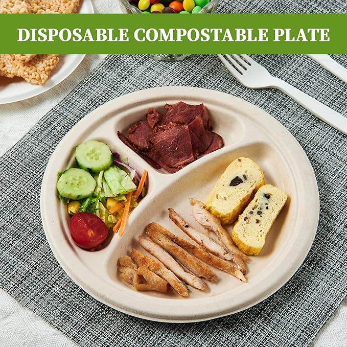 ECOLipak 125 Pack Compostable 3 Compartment Plates, 8.85 inch Heavy-Duty Disposable Paper Plates, Eco-Friendly Biodegradable Sugarcane Bagasse Divided Plate for Dinner