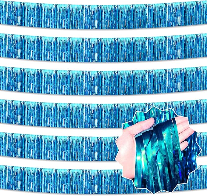 6 Pack 10 Ft Lake Blue Foil Fringe Garland Metallic Streamers Tinsel Banner Wall Hanging Garland Backdrop for Parade Floats, Halloween, Christmas, Thanksgiving, New Year Party Decorations