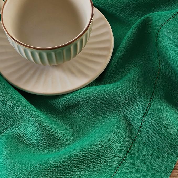 Solino Home Linen Hemstitch Table Runner 108 Inches Long - 100% Pure Linen Emerald Green Table Runner 14 x 108 Inch for Christmas - Classic Hemstitch