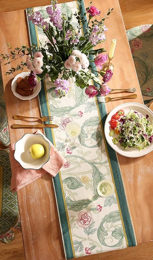 patdrea Designer Green Floral Table Runner,French Elegant Vibrant Rustic Linen with Green Leaves Patterns Fabric Table Mat,Decoration for Kitchen Dining Room Banquet Christmas,18"*87"