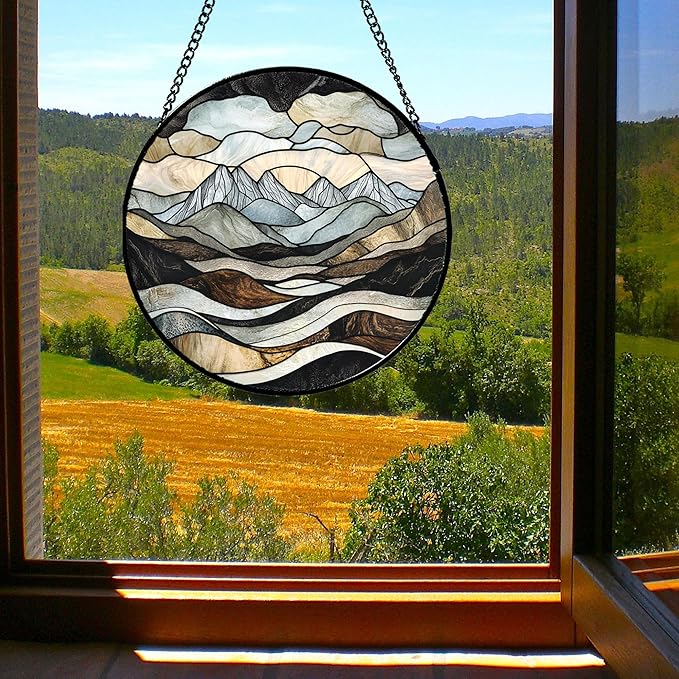 Stained Glass Window Hanging - Grey Mountains Landscape Suncatcher for Doors Garden Patio Retro Sun Catchers Decor Christmas Mother's Day Birthday Gifts for Women Men Mom Nana Friend 15 in