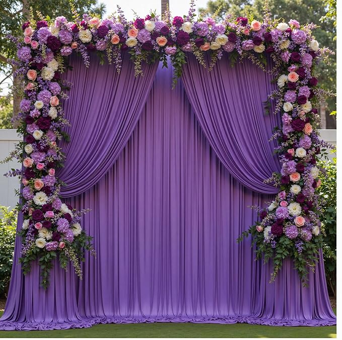 Backdrop Curtain, Purple Polyester, 8 Panels, 40 ft x 10 ft Wrinkle-Free