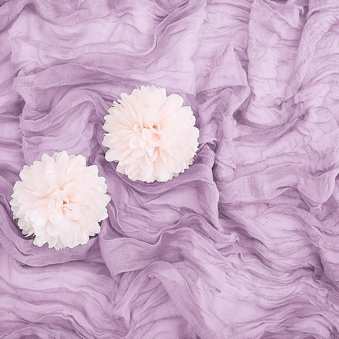Aktor 4 Pack Lavender Table Runner Boho Cheesecloth Table Runner Semi Sheer Gauze Fabric Runners for Wedding Birthday Baby Shower Party Boho Table Decoration（Lavender）