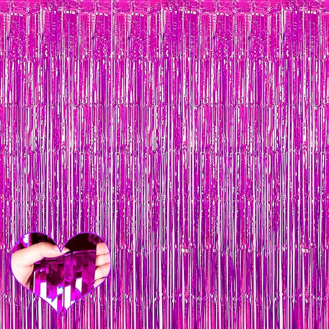 4 Pack Fuchsia Fringe Curtain Backdrop, 3.2Ft x 6.6Ft Metallic Tinsel Foil Fringe Streamers Curtains Background for Photo Booth Birthday Wedding Baby Shower Party Thanksgiving Christmas Decorations