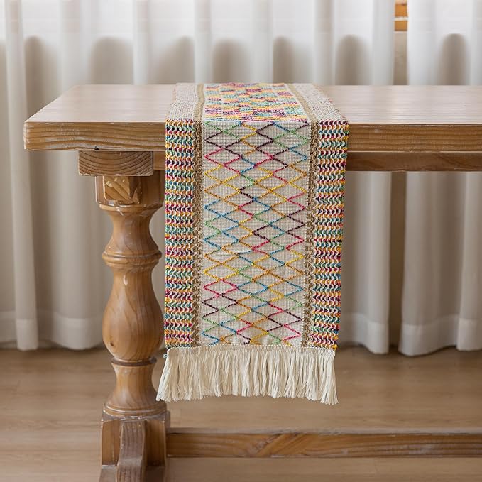 Keketo Boho Table Runner Colorful for Home Decor 12x72 Inches Farmhouse Macrame Burlap Jute Rustic Dining Kitchen Centerpiece Bohemian Decor French Country Baby Bridal Shower Decorations