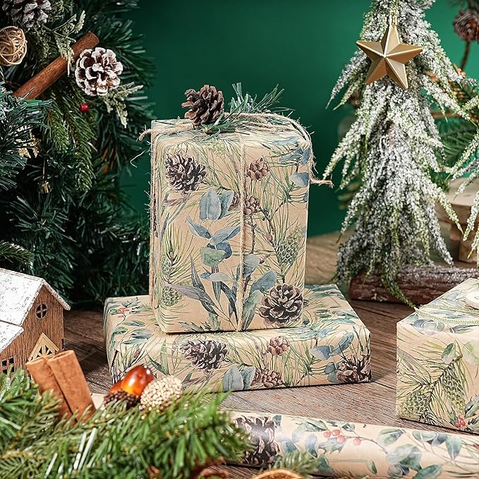 RUSPEPA 30" X 32.8' Kraft Christmas Wrapping Large Paper Roll, Jumbo Roll, Watercolor Pinecone and Eucalyptus Leaf Design, Kraft Gift Wrap for Christmas, Winter Holiday Party, Rustic Natural Theme