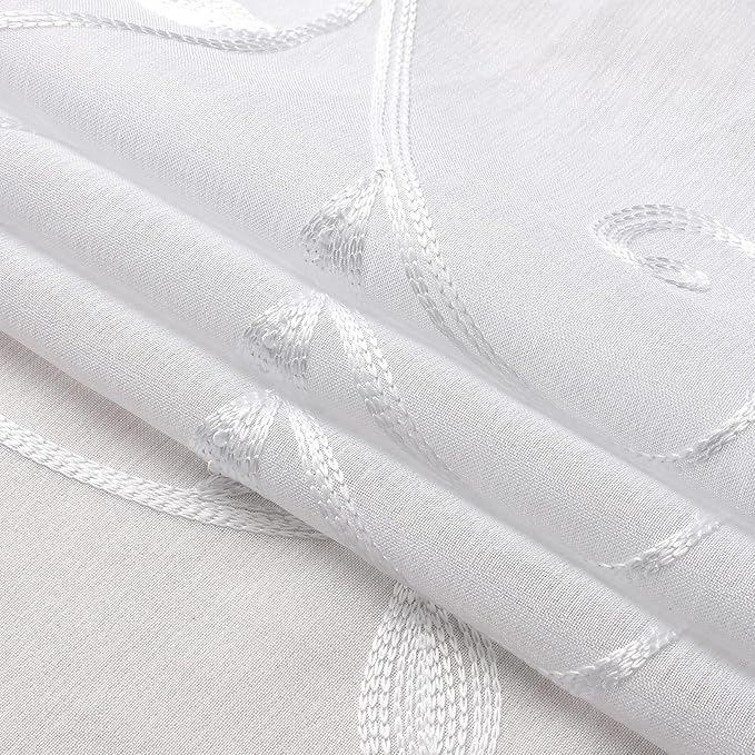 VISIONTEX Sheer Curtains 120 inch Length 2 Panels Set, White Voile Crushed Vine Leaves Embroidery, Rod Pocket Embroidered Window Drapes for Living Room and Bedroom, 54" x 120"