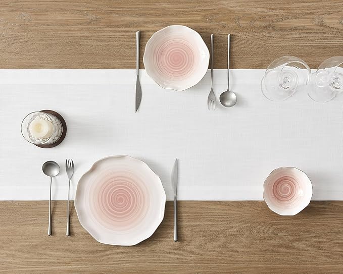 ZeeMart Linen Textured Border Table Runner, 14 x 36 Inch White, Farmhouse Style White Table Runners 36 Inches Long, Easy Care Everyday Polyester Table Runner