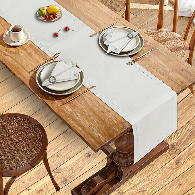 Ruvanti Linen Table Runner 90 Inches, Classic Hemstitch, Washable, Reusable, Non-Slipping, Stain Resistant- Perfect for Parties, Weddings, Dinners, Thanksgiving, Christmas, Indoor use – Ivory