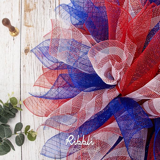 Ribbli 2 Rolls Royal Blue Mesh Ribbon,10 inch x 30 feet(10Yard) Each Roll,Metallic Royal Blue with Royal Foil,Patriotic Ribbon Use for Wreath Swags and Decorating