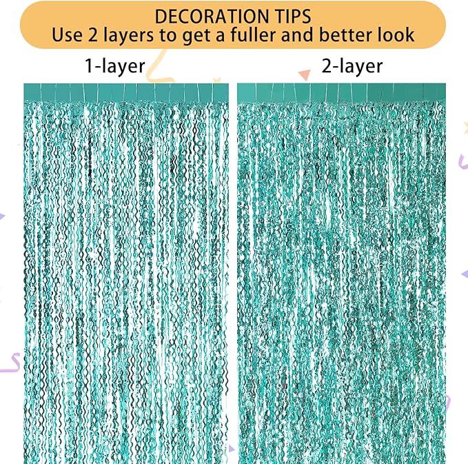 3 Pack Teal Aqua Blue Wave Foil Curtains - 3.3 ft x 6.6 ft Tinsel Metallic Streamers for Photo Booth Birthday Wedding Girl Princess Bachelorette Euphoria Theme Party Decorations