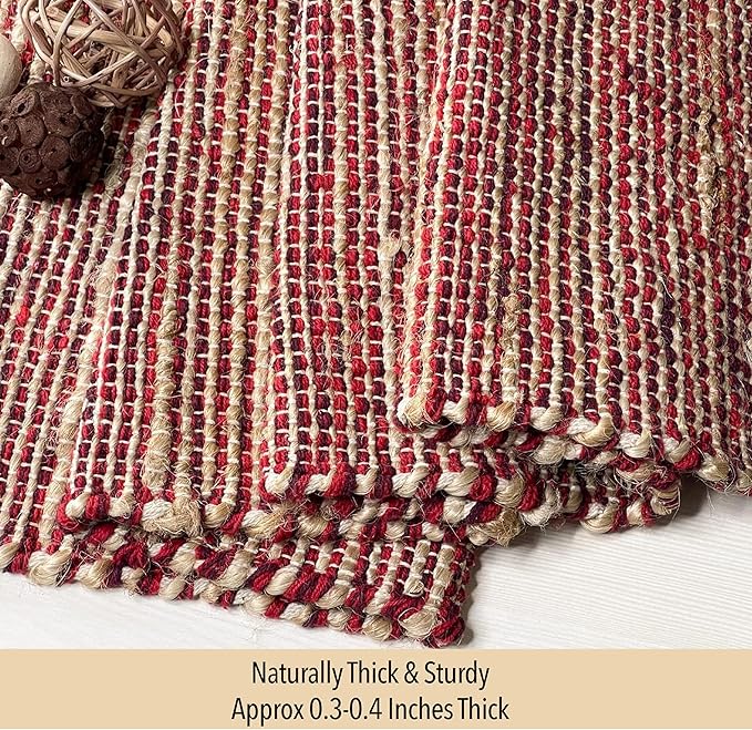 Chardin home Natural Jute Table Runner 13x36 Inch – Vintage Boho Rustic Table Decor – Handwoven Table Runner in Natural Jute and Red – Farmhouse Dining or Console Table Accent