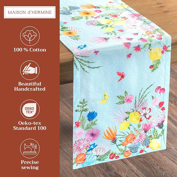 Maison d' Hermine Table Runner 100% Cotton Single Layer Table Runners 72 inches Long Decorative for Home Kitchen Dining Party Wedding Bridal Shower Spring Summer (Jardin D'Ete - Mint, 14.50" x 72")