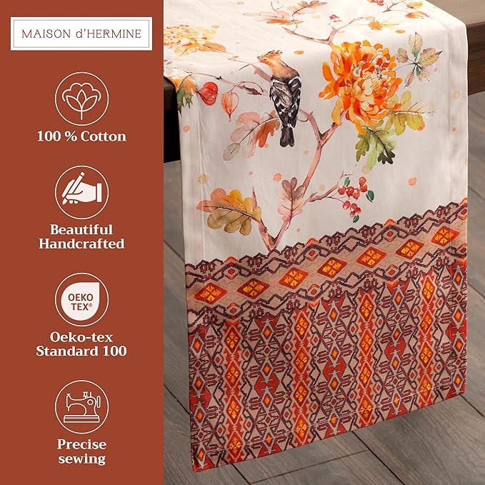 Maison d' Hermine Table Runner 100% Cotton Single Layer Table Runners 72 inches Long for Thanksgiving Christmas Decorations Home Kitchen Dining Party Wedding (Kelim - Prairie, 14.5" x 72")