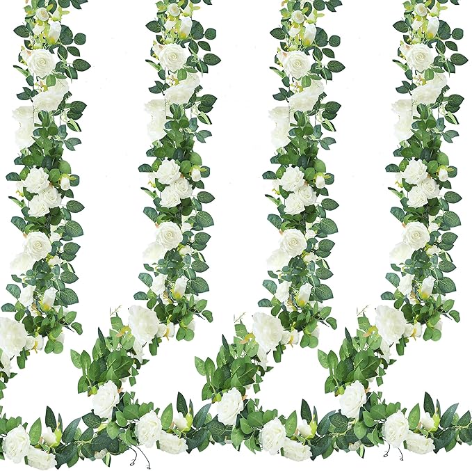 Artificial Rose Vine Garland, 4 Pack, 7.75 Ft White Silk Flowers