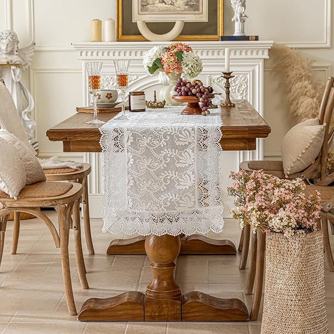 White Elegant Vintage Lace Table Runner,Wedding Lace Decor with Floral Embroidery,Tea Party Decor (White, 13.8X63 Inches)