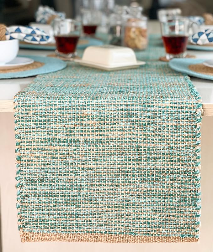 Chardin home Natural Jute Table Runner 13x72 Inch – Vintage Boho Rustic Table Decor – Handwoven Table Runner in Natural Jute and Aqua Turquoise – Farmhouse Dining or Console Table Accent