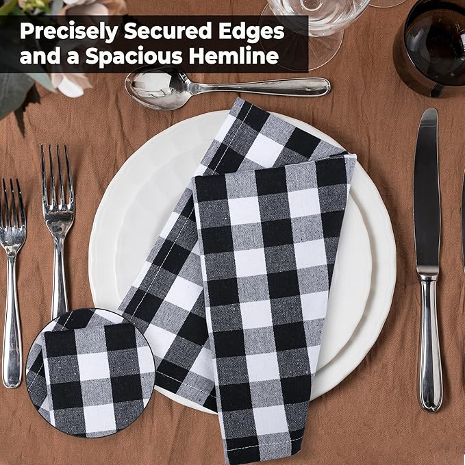 Cloth Napkins Set of 12, 20 x 20 Inch Black and White Checkered Cotton