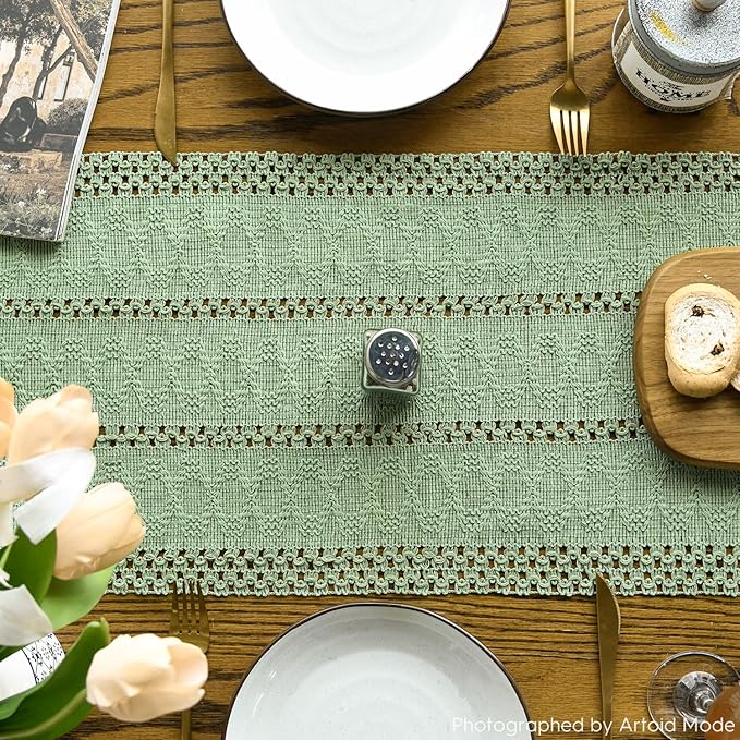 Artoid Mode Light Green Farmhouse Woven Rustic Hollow Table Runner, Seasonal Holiday Hollow Kitchen Dining Table Decoration for Home Party Decor 12x90 Inch