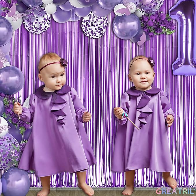 Purple Tinsel Fringe Party Backdrop - GREATRIL Party Streamers for Lavender/Mermaid/Butterfly/Fairy Birthdays Party Decorations - 3.2ft X 8.2ft - 2 Packs