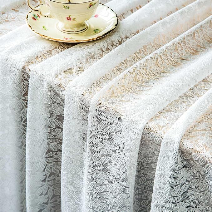 Lace Tablecloth Leaf Pattern Warp Knitting Fabric Solid White Rectangle/Oblong Table Cover for Kitchen Dining Farmhouse Wedding Party Decor Ivory, 55x84 Inch