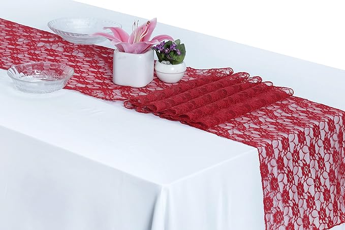MDS Pack of 15 Wedding 12 x 108 inches Lace Table Runner for Wedding, Decorations for Birthday Parties, Banquets, Graduations, Engagements, and Runners fit Rectangle, Round Table- Apple red