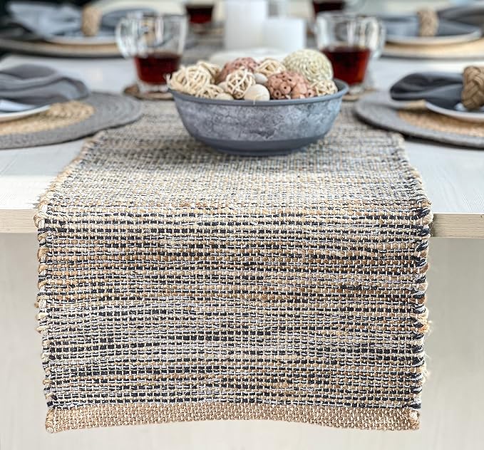 Chardin home Natural Jute Table Runner 13x90 Inch – Vintage Boho Rustic Table Decor – Handwoven Table Runner in Natural Jute and Grey – Farmhouse Dining or Console Table Accent