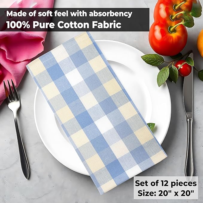 Cloth Napkins in Blue Sand Check, 100% Cotton, 20x20 Inch