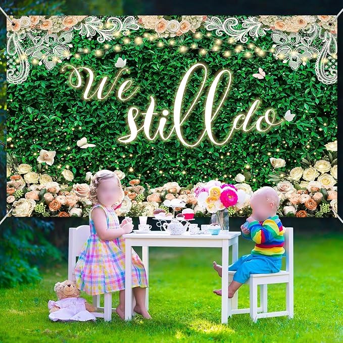 We Still Do Backdrop Green Leaves Lace Wedding Anniversary Photography Background Engagement Vow Renewal Bachelorette Party Decoration Banner Photo Booth Studio Props 9x6ft FU064YL