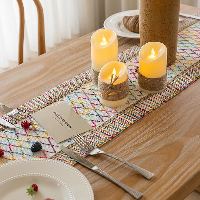 Boho Table Runner Colorful for Home Decor 12x90 Inches Farmhouse Macrame Burlap Jute Rustic Dining Kitchen Centerpiece Bohemian Decor French Country Baby Bridal Shower Decorations