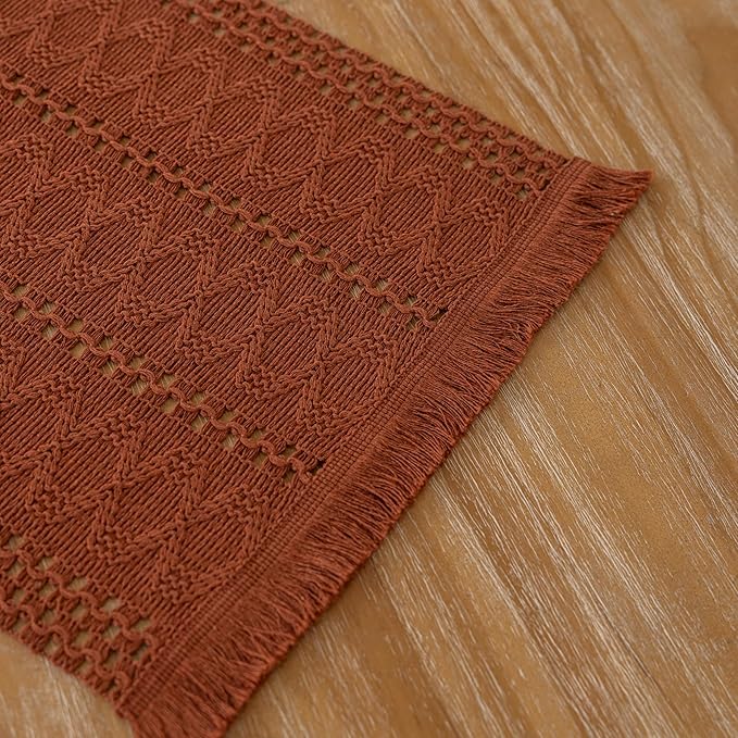 Boho Rust Table Runner for Home Decor 12x48 Inches Farmhouse Macrame Burlap Jute Rustic Dining Kitchen Centerpiece Bohemian Decor French Country Baby Bridal Shower Decorations