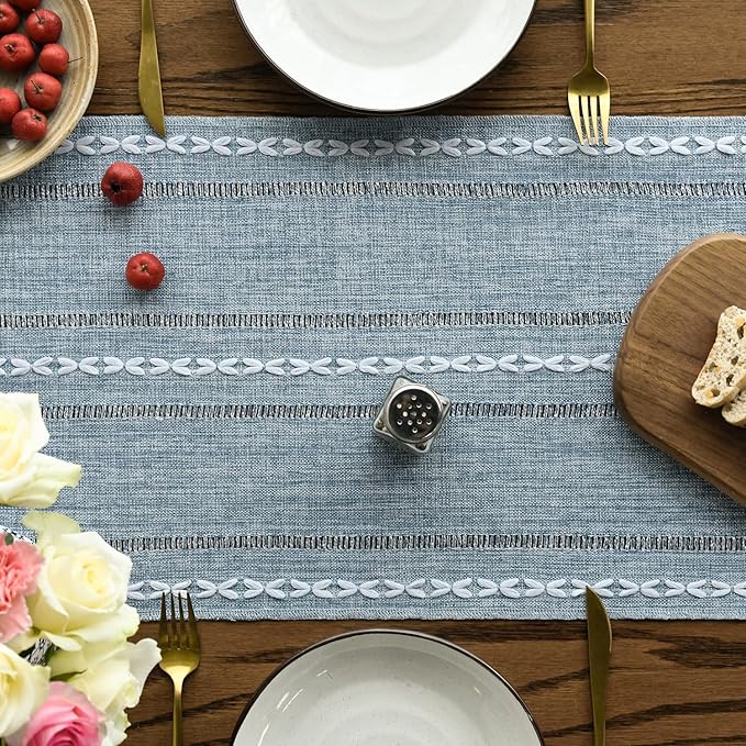 Artoid Mode Dusty Blue Cotton Linen Table Runner, Seasonal Rustic Embroidered Hollow Kitchen Dining Table Decoration for Home Party Decor 13x90 Inch