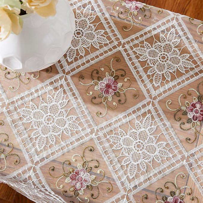 Warm Home Designs White Lace Table Runner. Embroidered with Intricate Flower Design. Can Be Used As Dresser Scarf or Dining Table Runner. VTR White 36