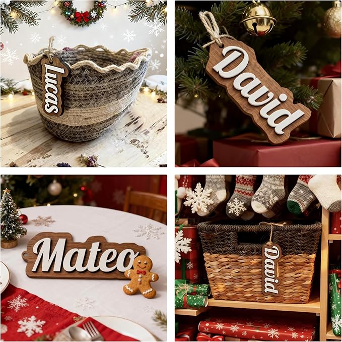 2Pcs Personalized Christmas Stocking Name Tags Custom Wooden Stocking Name Tag Customized Letters Tags Custom Xmas Stockings Hanging Tag Gifts for Christmas Stockings
