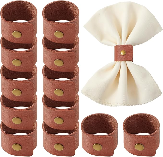 APTWOW Leather Napkin Rings Set of 12 - Fall Thanksgiving Napkin Rings Bulk, Brown Vintage Farmhouse Napkin Holder for Wedding Party Birthday Banquet Table Decor and Daily Use