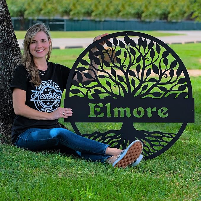 RealSteel Personalized Metal Wall Art - Custom Tree of Life Design with Family Name - Circular Metal Sign - Personalized Wedding, Anniversary, or Housewarming Gift (24")