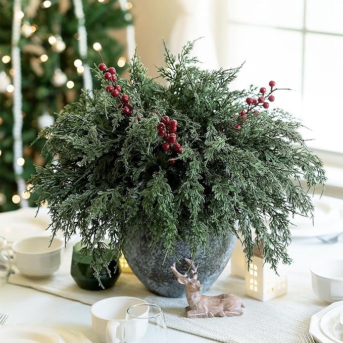 Artificial Norfolk Pine Branches Set, 12 Cedar Stems and 3 Red Berry Stems