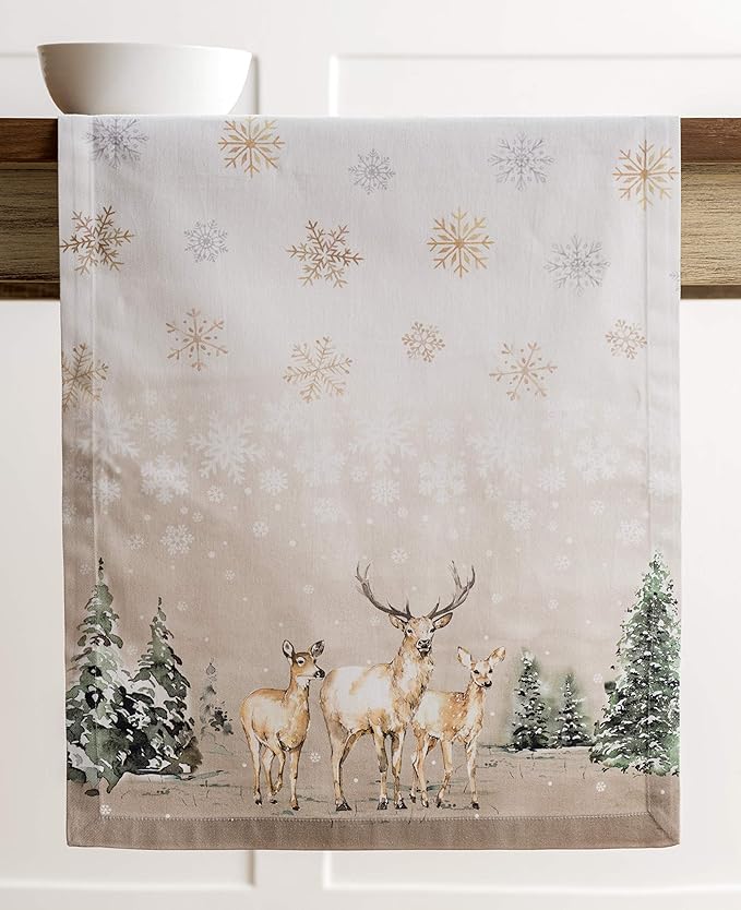 Maison d' Hermine Table Runner 100% Cotton Single Layer Table Runners 48 inches Long for Thanksgiving Christmas Decorations Home Kitchen Dining Party Wedding (Deer in The Woods, 14.5" x 48")